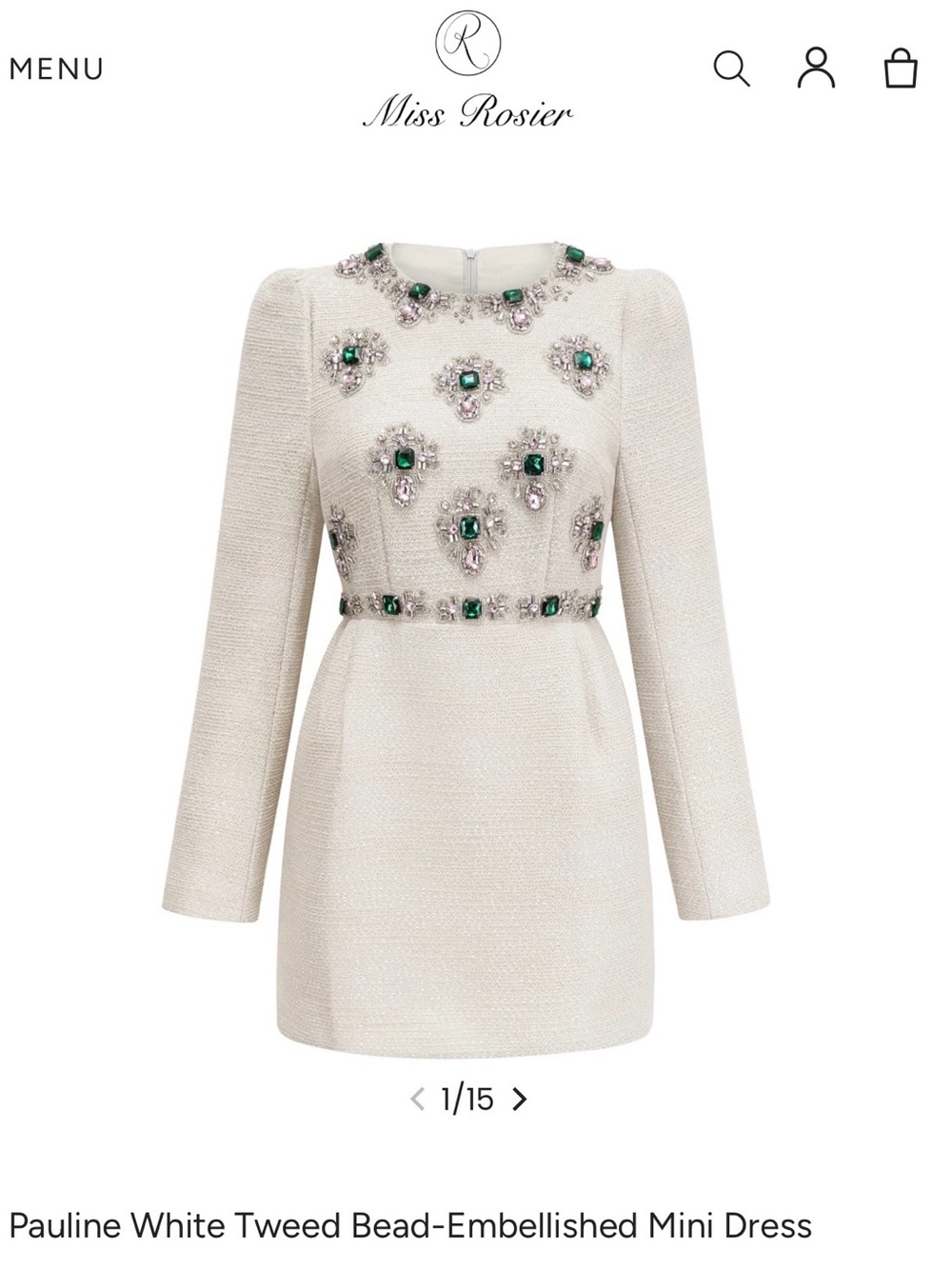 Miss Rosier Pauline White Tweed Bead-Embellished Mini Dress